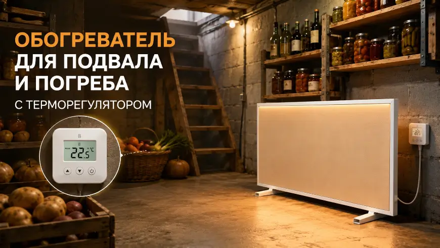 Инфракрасный обогреватель Nikapanels с терморегулятором в подвале